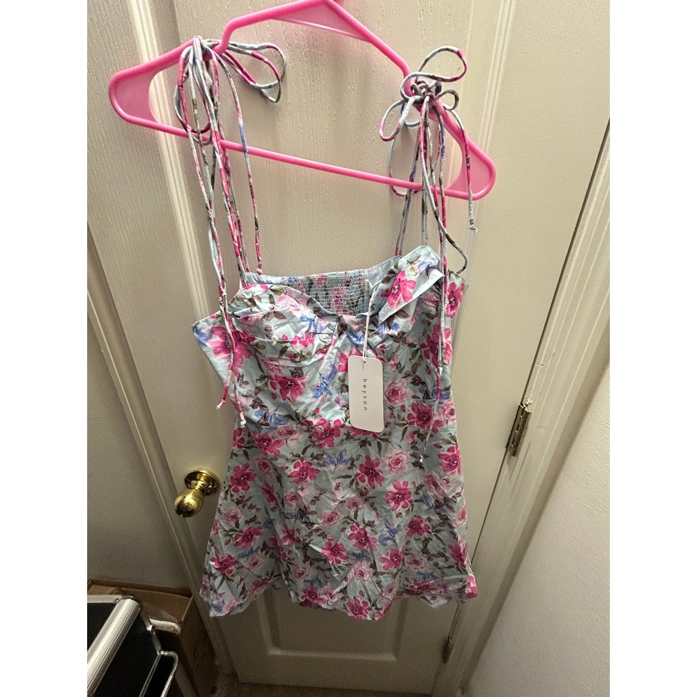 NWT Heyson Sweet Peony Floral Mini Dress Medium Cottagecore Bow Tie Blue Pink